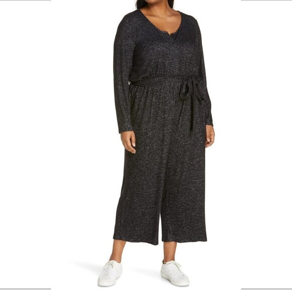 Bobeau knit sweater jumpsuit cropped wide leg heathered black Women Plus new 1X - Picture 1 of 5